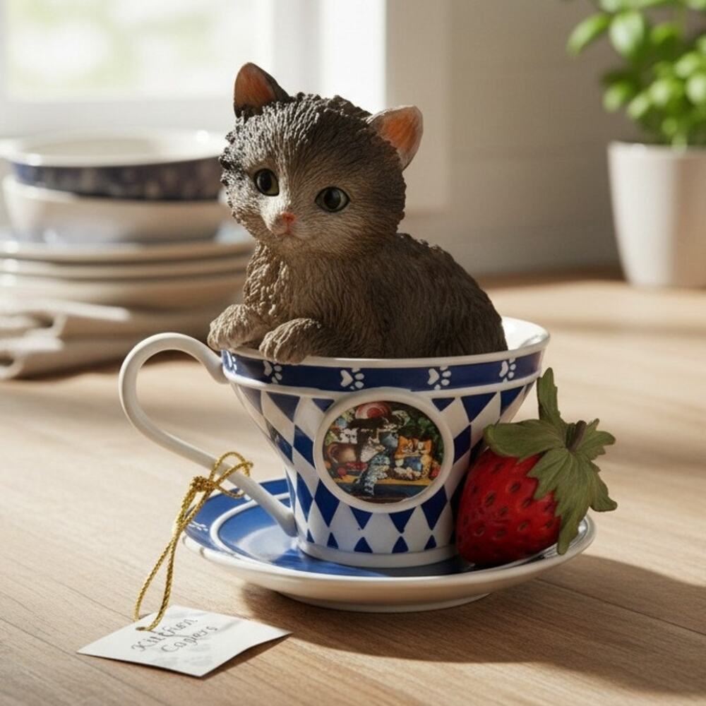 Vintage 1990s Jurgen Scholz Cozy Kitten Teacup Figurine Kitchen Capers LE 0521